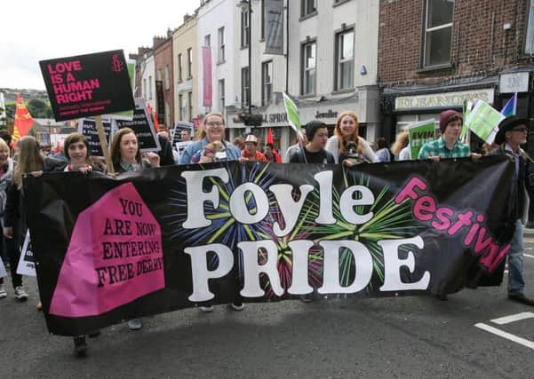 Last year's Foyle Pride Festival making its way up Carlisle Road on Saturday. DER3415MC062