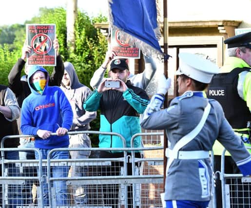 A parade hosted by  Ballymaconnelly Sons of Conquerors, passes threw Rasharkin Main Street on Friday evening, The Parades Commission imposed  conditions  including that Dervock Young Defenders Flute Band are not permitted to attend .Pic Colm Lenaghan/Pacemaker