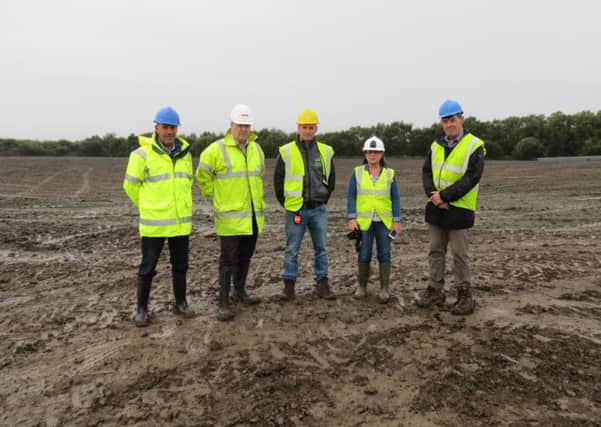 Working together to transform the former NI Water sewage lagoons into a wildlife haven is (from l-r), Roy Taylor, NI Water Catchment Manager, Richard Tyreman, Laing ORourke, Conor McKinney , Ulster Wildlife, Roisin McDade, NI Water Scientist and SCAMP officer, and Marcus Malley, ABC Council.