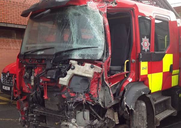 The damaged fire engine after it was stolen from Larne Fire Station on March 5.  INLT-10-715-con