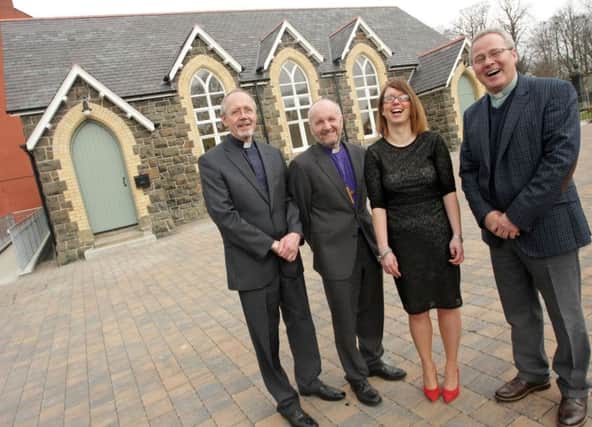 SMILES BETTER. Pictured at the Official opening on St Patrick's Day are from left, Curate Brian Howe, Bishop Right Rev Alan Abernethy, Stella Byrne, Heritage Lottery Fund and Rev Andrew Sweeney.INBM12-15 006SC.