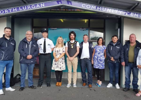 Lord Mayor Garath Keating with Chief Inspector Jon Burrows, Sinn Fein MLA Catherine Seeley Cllrs Keith Haughian and Liam Mackle, Bernie Marshall, of ABC Council, Lynette Cook of the Policing Community Safety Partnership and members of North Lurgan Community Association