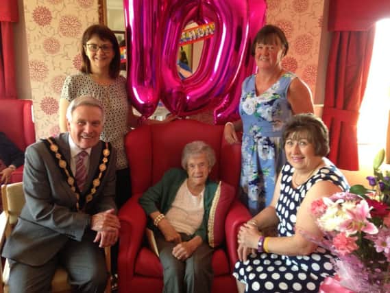 Mayor, Cllr Brian Bloomfield and Mayoress Mrs Rosalind Bloomfiled with Gladys Holmes; Gladys' daughter, Helen Allan and Annahilt Care Home Manager, Naomi Graham. Gladys  celebrated her 101st Birthday yesterday.