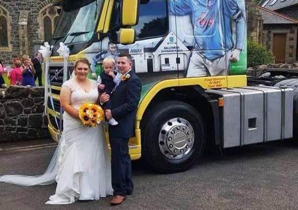 Ballymena United fan Jonny Russell made sure he got to the church on time when he travelled to his wedding in Cullybackey courtesy of 
McBurney Transport's BUFC styled lorry! 
Jonny married Lyndsey Graham at Cuningham Memorial in Cullybackey on Friday, August 26. 
Jonny and Lyndsey would like to thank Philip McBurney and Paddy Donnelly for their assistance.