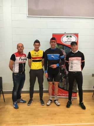 Simon Gill, Chairman Foyle Cycling (extreme left) with podium places in A1 race (from left) James Curry, Banbridge CC, Marcus Christie, Asea Wheelworx and Lindsay Watson, Plush CC.