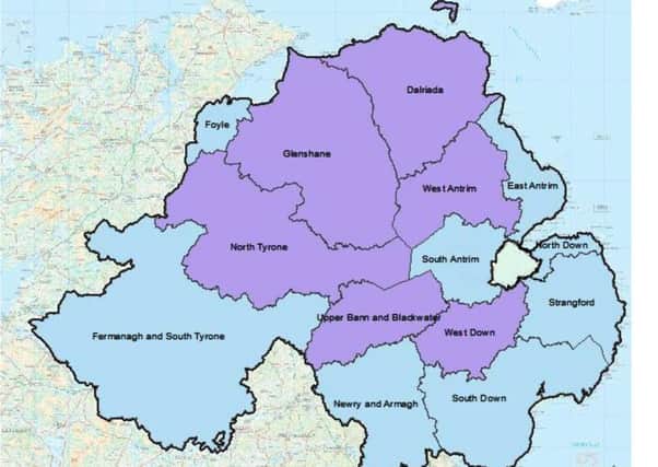Map of new proposed political boundaries for Northern Ireland.