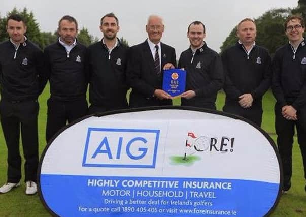 Lurgan Golf Clubs Junior Cup team are presented with the Ulster pennant after their win over Ballyclare. From left, James Horan, Keith Percy, Andrew Cummins, Eamonn OConnor (chairman Ulster Branch), Conall Coleman (team captain), Jim McKee, Gareth Hanna.