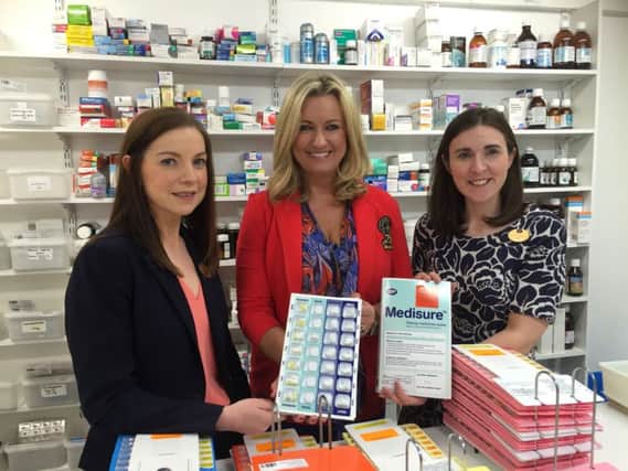 Jo-Anne Dobson MLA visiting Boots Banbridge with Marie Smith - Boots Country Pharmacy Manager and Sarah Aiken, Manager at Boots Banbridge.