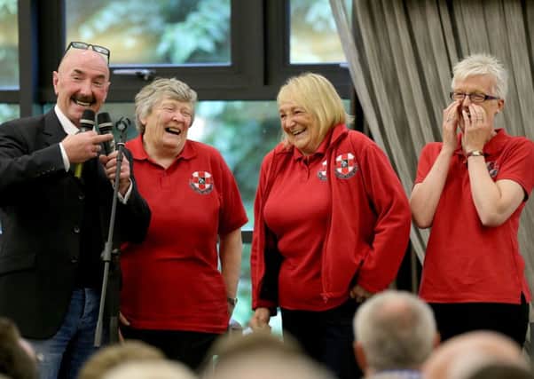 Liam Beckett with Sheila Sinton MBE, Yvonne Ward and Jan Simm from The Injured Riders Welfare Fund at the MCE Ulster Grand Prix Meet the Riders event at Ramada Plaza Hotel, Belfast on 4th July where fundraising kicked off.