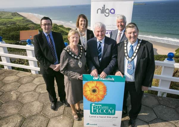 Mayor of Mid and East Antrim Borough, Councillor Audrey Wales MBE is pictured at the awards (second left) with Bill Pollock, winner Ulsterbus Tours 2016 Community Champion and Alderman William McNeilly, Deputy Mayor Mid and East Antrim Borough. Back row is Brian Goodfellow, Translink; Alderman Freda Donnelly, Vice President, NILGA and Frank Hewitt, Translink Chairman.