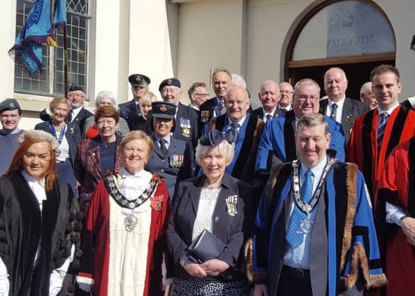 Lord Lieutenat of County Antrim Joan Christie with the Mayor, Deputy Mayor and councillors of Mid and East Antrim, together with RAFA veterans at the Battle of Britain Act of Remembrance in Joymount Church.  INCT 37-732-CON
