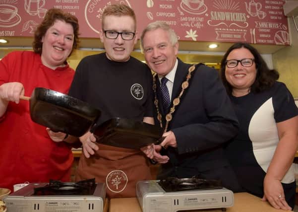 Conor Thompson trainee with Stepping Stones with the Lisburn Mayor councillor Brian Bloomfield with local chef Paula McIntyre and Paula Jennings, Chief Officer at Stepping Stones
