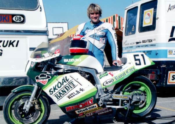 Neil Robinson with his F1 works Skoal Bandit Suzuki in 1986. Picture: Trevor Armstrong.