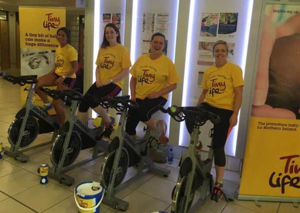 Taking part in the TinyLife spinathon are Rosie Hay, Kathryn Murray, Carina Smolka and Pauline Walsh.  INCT 38-725-CON