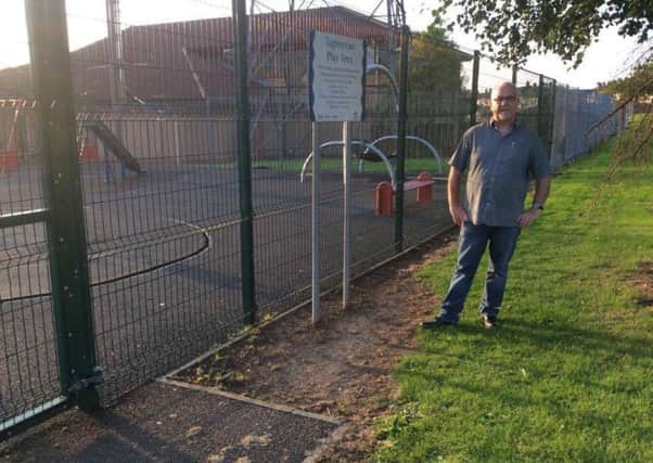 SF Cllr Liam Mackle at Taghnevan play park which has been vandalised