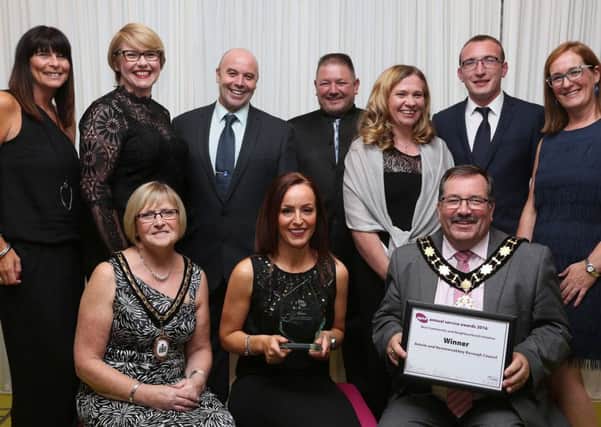 Mayor and Mayoress of Antrim and Newtownabbey, Councillor John Scott and Mrs Audrey Scott, were joined by Antrim and Newtownabbey Borough Council officers to celebrate winning the UK wide APSE Award for Best Coummunity and Neighbourhood Initiative for the Valley Park Shared Space Project, V36. The awards took place in Londonderry as part of the APSE Annual Conference.  Antrim and Newtownabbey Borough Council were also shortlisted for a further two awards in Best Efficiency and Transformation Initiative and Best Service Team, Parks Ground and Horticultral. INNT 37-803CON