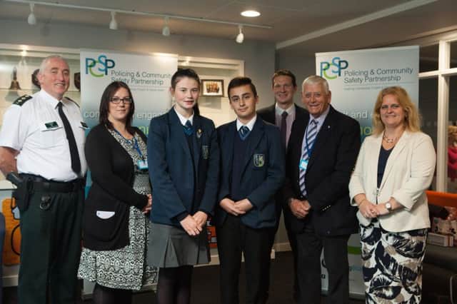 Pictured at the PCSP Young Persons Event in Ballymoney High School on Friday, September 16th are Chief Inspector Ian Magee, Leanne Abernethy, PCSP Vice-Chair, pupils Molly Hamilton and Jack Lyons, Jonny Bingham, Vice-Principal Ballymoney High School, Alderman William King, PCSP Chair, and Cynthia Currie, Principal Ballymoney High School.