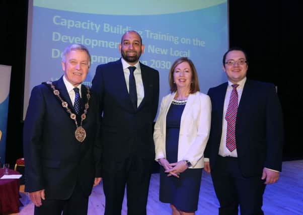Planning for the future: Mayor Brian Bloomfield MBE; Waheed Nazir, Strategic Director of Planning and Regeneration infrastructure at Birmingham City Council; Dr Theresa Donaldson, LCCC Chief Executive and Councillor Alexander Redpath, Chairman of the councils Planning Committee.