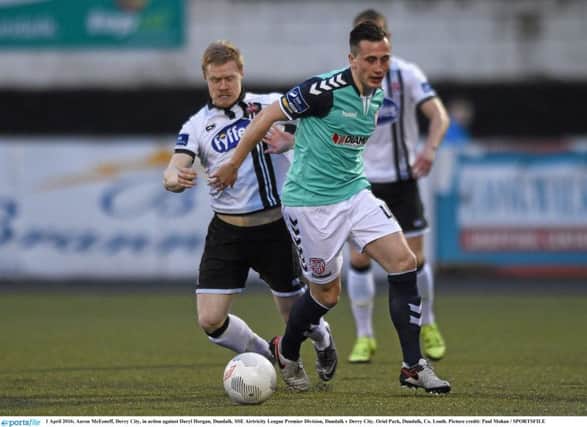 Aaron McEeneff, Derry City, pictured in action against Dundalk's Daryl Horgan is set to return from suspension for tonight's league clash at Oriel Park.