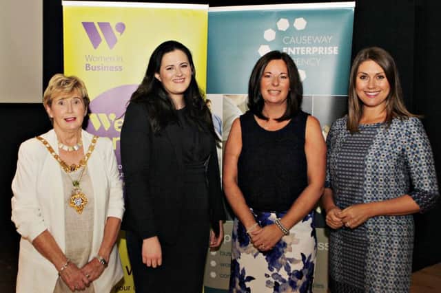 Attending the Women in Leadership conference at Flowerfield, Portstewart in association with Women in Business organised by the Causeway Enterprise Agency in co-operation with the Causeway Coast and Glens Council are l-r Mayor Ald Maura Hickey, Justice Minister Claire Sugden MLA, CEO Causeway Enterprise Agency Jayne Taggart and Conference Chair Sarah Travers.   WiB07 Flowerfield