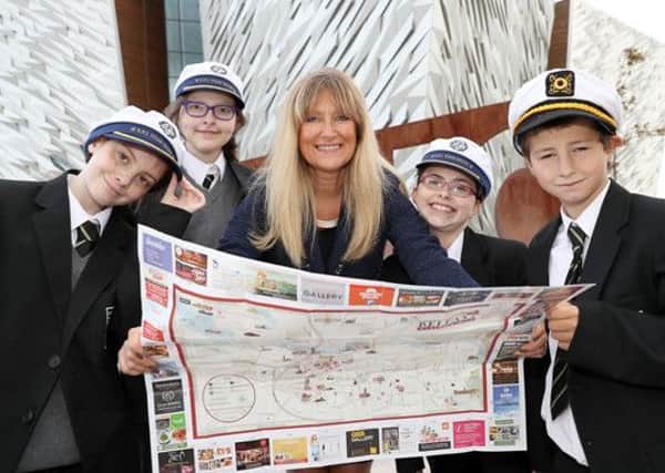 Castle Tower pupils Tiana, Rhiannon, Leah and Paul mark World Tourism Day with Judith Owens (Titanic Belfast). (Submitted Picture).