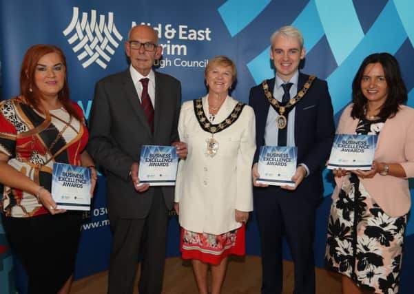 Anne Donaghy (Chief Executive Mid and East Antrim Borough Council), Chris Wales (Chamber of Commerce), Mayor Cllr. Audrey Wales MBE, Ronan McCann (Chamber of Commerce President) and Alison Moore (Chamber of Commerce)