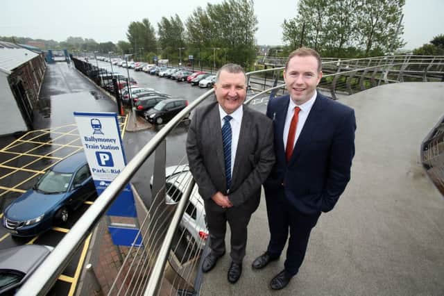 Sam Todd, Services Delivery manager Translink and Infrastructure Minister Chris Hazzard officIally open the new enhanced Park and Ride facility at Ballymoney. INBM 40-756-CON
