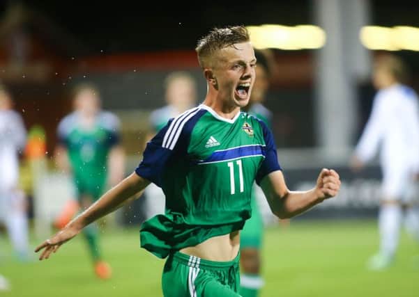 Jack Chambers celebrates scoring for Northern Ireland Under 17s last week. Picture - Kevin Scott / Presseye