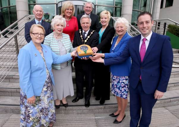 Mayor Brian Bloomfield MBE and Councillor Margaret Tolerton, Chair of the Heart City Steering Group, welcomed guests to Lagan Valley Island to mark 100 years since the birth of Professor Frank Pantridge CBE, inventor of the mobile defibrillator. Also pictured are Communities Minister Paul Givan MLA; Lord Lieutenant of County Antrim, Mrs Joan Christie OBE; Freemen of the City, Ivan Davis OBE; Seamus Close OBE; Councillor Janet Gray; Dame Mary Peters CH DBE and Director of Environmental Services, Heather Moore. Pic by Steven McAuley, McAuley Multimedia