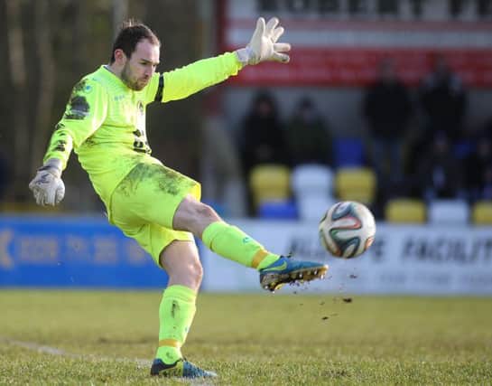 Institute goalkeeper Martin Gallagher conceded six goals, at Larne, on Saturday. Picture Lorcan Doherty/Presseye.com