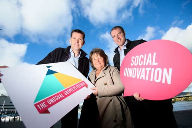 Social entrepreneur Roger Warnock, Sharon Polson from the Department for Communities and Paul Braithwaite from the Building Change Trust, launch the Unusual Suspects Festival taking place in Derry/Londonderry and Belfast on October 12-14. The aim of the festival is to inspire fresh thinking and encourage collaboration between government, the private sector and the voluntary, community and social enterprise sector. For more information about the Unusual Suspects Festival visit: http://theunusualsuspectsfestival.com/northern-ireland-2016/