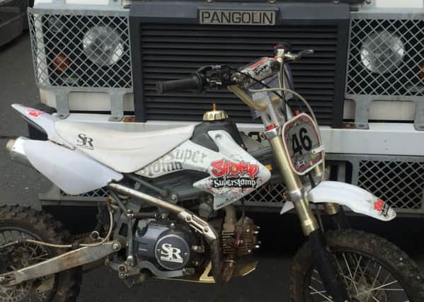 Police Service of Northern Ireland undated handout photo of the scrambler bike that struck a nine-year-old boy at Mossley Pavilion on Carnmoney Road in Newtownabbey on Monday