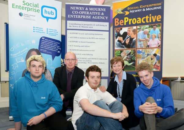 Speaking at the launch of a new social enterprise business for young people leaving care were (from left) Jackk Hutchison from Lurgan; Maurice Leeson, Department of Health; Sandy Jamison from Portadown; Fionnuala McAndrew, Health and Social Care Board and Kevin McKenna from Newry.