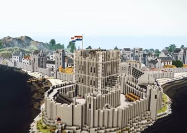A scene from the video depicting 17th century Carrickfergus rendered in Minecraft.  INCT 41-723-CON