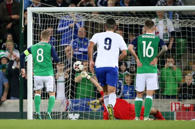 Steve Davis tucks away his first half penalty, just reward for his starring role against San Marino.
Photo by Brian Little/ Press Eye