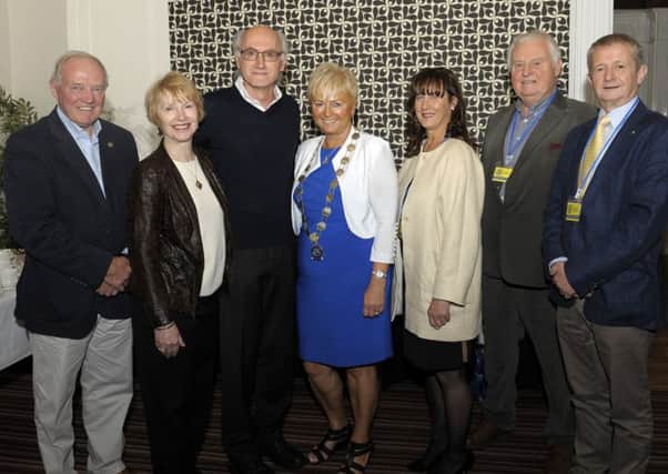 Banbridge Rotary Club President Lynda Shields welcomed Guest Speaker,Chief Scientist of NASA Heliophysics Division Dr Spiro Antiochos and his wife Mary to their monthly meeting, included is Vice President Siobhan McKay, Rotarians Nigel Jess and Raymond Pollock and Tom Shields Â©Edward Byrne Photography INBL1639-215EB