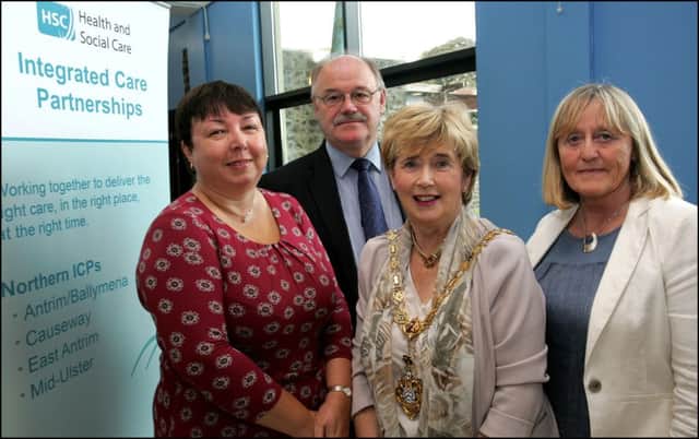 Pictured at the Northern area Integrated Care Partnership event in Portstewart:  Mayor of Causeway Coast and Glens Borough Council, Alderman Maura Hickey; Dr Brian Patterson, Regional Clinical lead for ICPs in the Northern area; Thelma Dillon, community sector representative of the Causeway ICP (right) and Elizabeth Beattie Causeway Coast and Glens Borough Council.