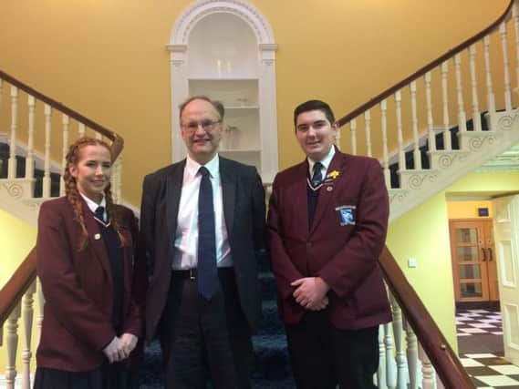 Education Minister Peter Weir with Hazelwoods Head Girl Olivia Moreland and Head Boy Jordan McNeill.