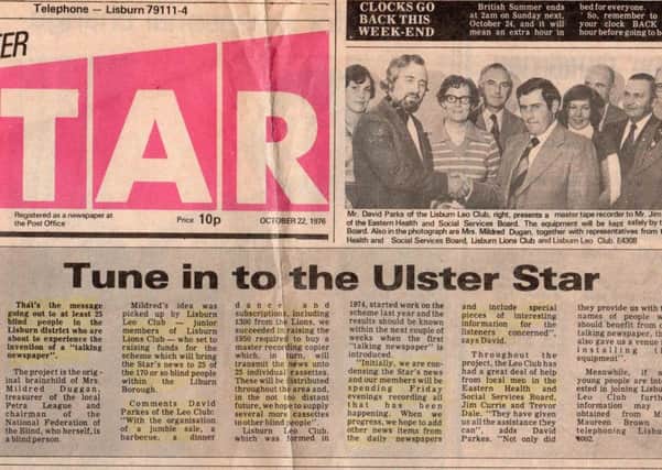 The front page of the Ulster Star of October 22, 1976, announcing the introduction locally of a talking newspaper.