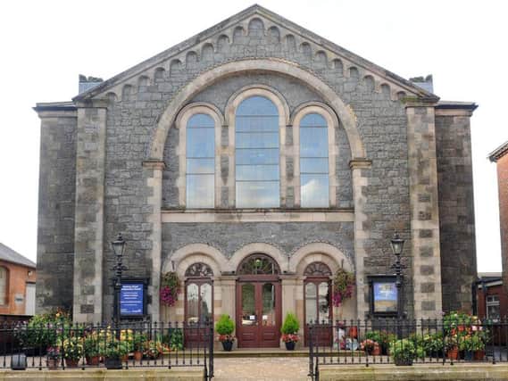 The front of Railway Street Presbyterian Church awash with colourful flowers, fruit and vegetables for the Harvest Thanksgiving Services on Sunday 16th October