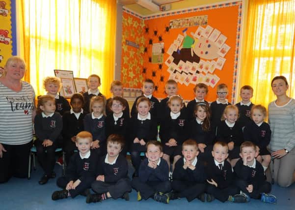 St Oliver Plunkets PS Toomebridge P1 class with teacher Mrs Brunton (right) and classroom assistant Mrs Molloy.