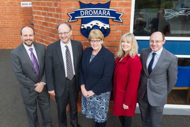 Andrew Armstrong, Principal; Peter Weir, Education Minister; Irene Burrows, Chair of Governors; Brenda Hale MLA, School Governor; Rev Kenny Hanna, Vice-Chair of Governors.