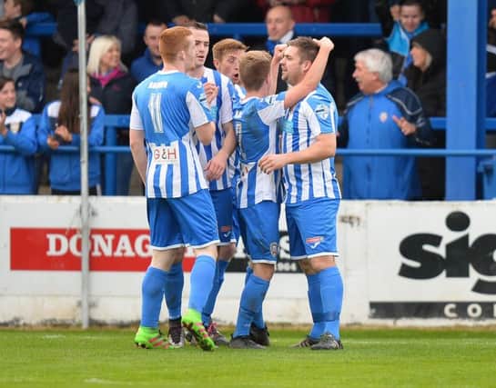 James McLaughlincelebrates after scoring during today's game against Linfield at the Coleraine Showgrounds.
Photo Colm Lenaghan/Pacemaker Press