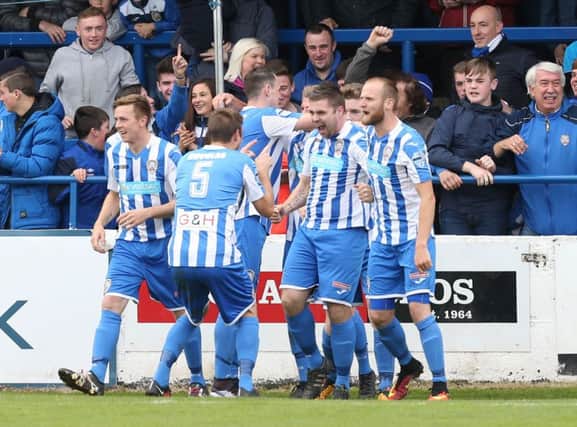 James McLaughlin of Coleraine celebrates his goal against Linfield. Picture by Andrew Paton/Press Eye