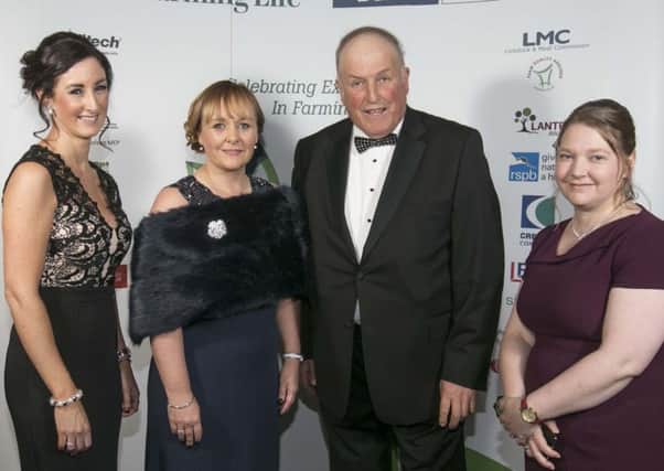 Debbie Reid from Danske Bank, DAERA Minister Michelle McIlveen, Thomas Gilpin Winner of the Lifetime Achievement Award pictured with Ruth Rodgers, Editor of Farming Life. Picture Steven McAuley/McAuley Multimedia