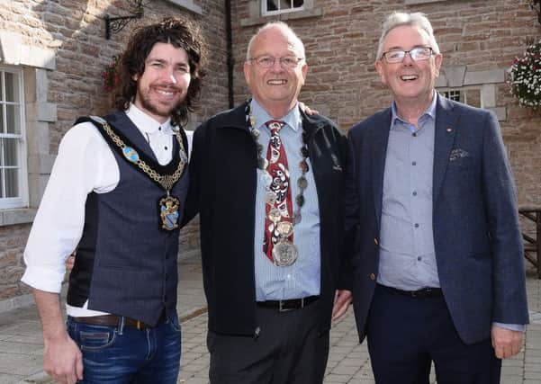 Lord Mayor of Armagh Garath Keating welcomes Chris Peiper, Mayor of Armstrong, BC, Canada and Andy Peters, Rathfriland Regeneration Group and  descendents of Catherine Schubert nee O'Hare, originally from Rathfriland,  to a reception at The Palace Armagh
