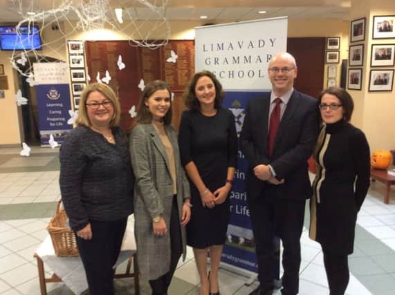 Past pupil Rachael O'Connor with Limavady Grammar School principal, Nicola Madden, her former English teachers Claire Gordon and Mary OBrien, and head of Music, Dr Derek Collins. INLS 45-703-CON