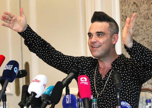 26/10/16 
(No Fee Images)
Robbie Williams will play the Aviva Stadium on sat July 17th , tickets on sale fri 11 nov at 10 am pictured at a press conference at InterContinental, BallsbridgeÃ¢Â¬Â¦.Pic Stephen Collins/Collins Photos