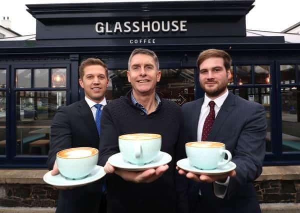 (L-R) Nicky McCollum, development director, Lisburn Square; David Edwards, owner, Glasshouse Coffee; Luke McClelland, CBRE.