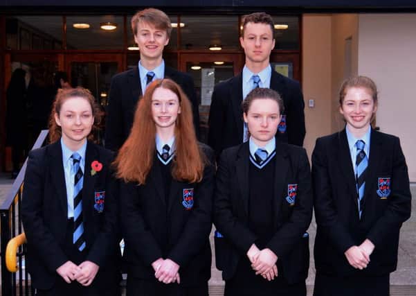Year 11 form prize winners at the Portadown College speech day, back row from left, Matthew Vennard and Caleb Collins. Front from left, Rosie Johnston, Sabrina Greenaway, Sarah Nelson and Emma Lewis. INPT44-200.
